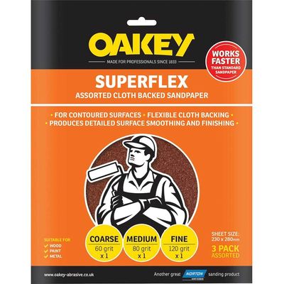 Oakey 63642526734 Superflex Cloth Backed Aluminium Oxide Sheets 230 X 280Mm Assorted (3)
