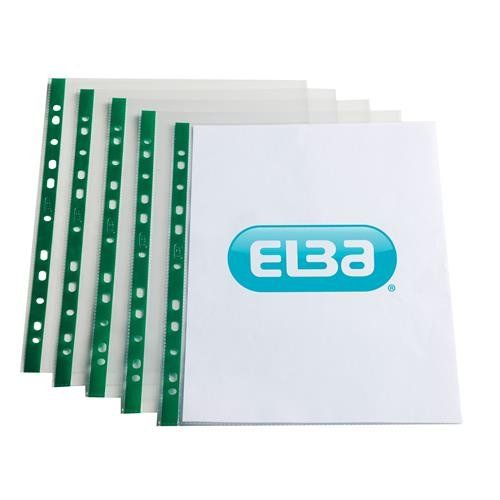Oxford Multi Punched Pocket Polypropylene A4 55 Micron Top Opening Green Strip Clear (Pack 100) 400002137 - Image 1
