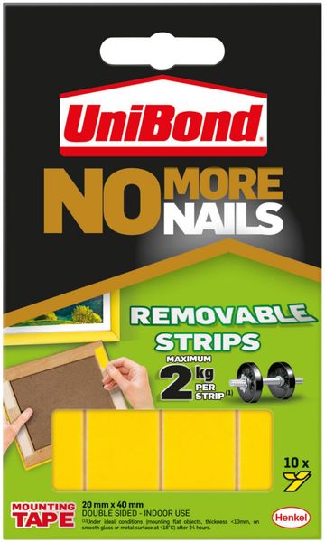 Unibond No More Nails Ultra Strong Double Sided Mounting Tape Removable 20mm x 40mm (Pack 10 Strips) - 2675762