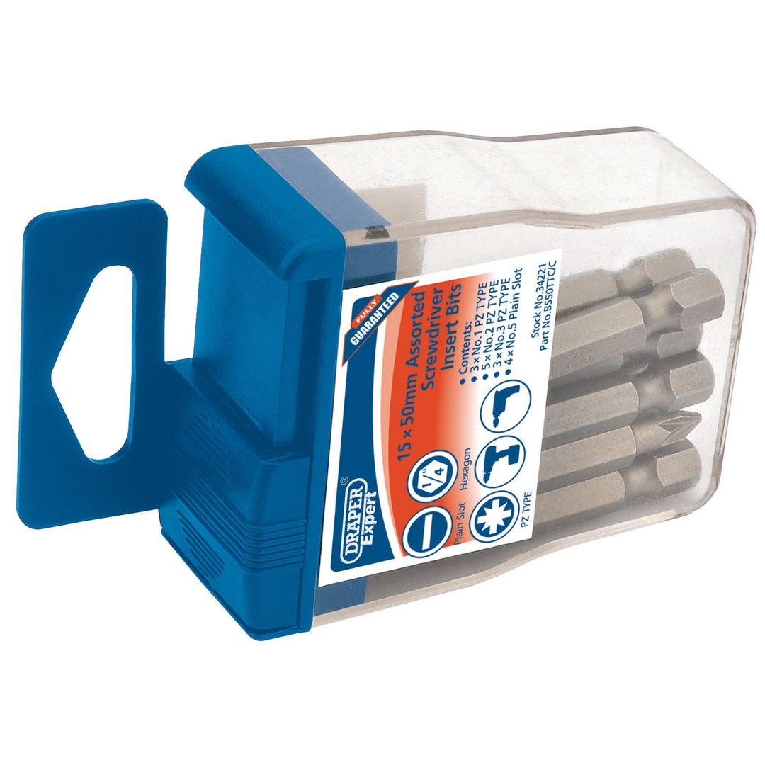 Draper Expert 34221 Assorted Insert Bits In Plastic Storage Case 1/4in Hex (15 Piece) per case - Image 1