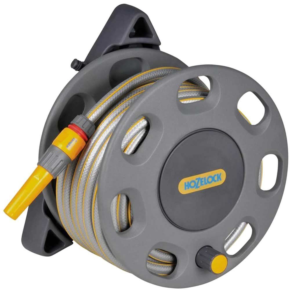 Hozelock Compact Wall Mounted Hose Reel 1/2" / 12.5mm 30m Grey & Yellow - Image 1