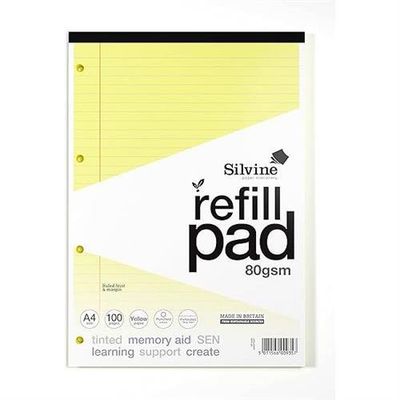 Silvine SEN Refill Pad A4 With Tinted Coloured Papers 100 Page Ruled With Margin 4 Hole Punched Yellow (Pack 6) - A4RPTINY