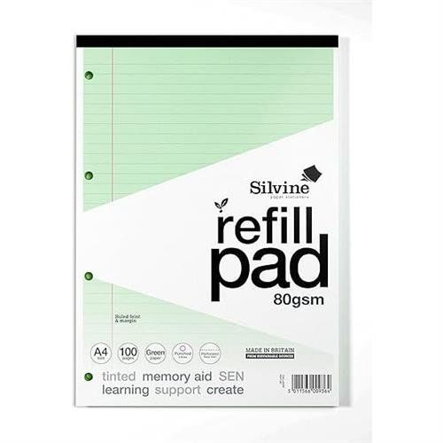Silvine SEN Refill Pad A4 With Tinted Coloured Papers 100 Page Ruled With Margin 4 Hole Punched Green (Pack 6) - A4RPTING - Image 1