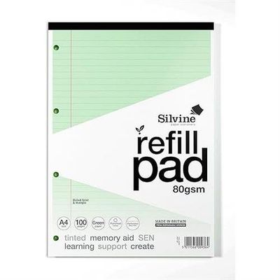 Silvine SEN Refill Pad A4 With Tinted Coloured Papers 100 Page Ruled With Margin 4 Hole Punched Green (Pack 6) - A4RPTING