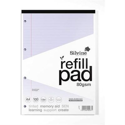 Silvine SEN Refill Pad A4 With Tinted Coloured Papers 100 Page Ruled With Margin 4 Hole Punched Lilac (Pack 6) - A4RPTINV