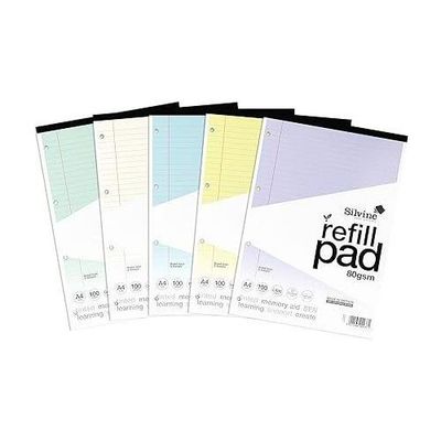 Silvine SEN Refill Pad A4 With Tinted Coloured Papers 100 Page In 5 Assorted Colours Ruled With Margin 4 Hole Punched (Pack 5) - A4RPTINAC