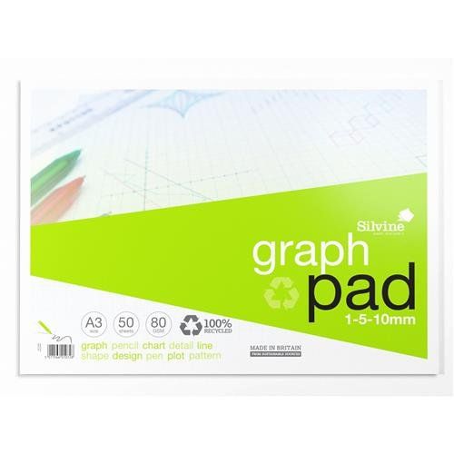 Silvine Recycled Graph Pad A3 Printed 1-5-10mm 50 Sheets 100% Recycled Paper Green (Pack 10) - A3GPRE - Image 1