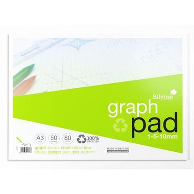 Silvine Recycled Graph Pad A3 Printed 1-5-10mm 50 Sheets 100% Recycled Paper Green (Pack 10) - A3GPRE