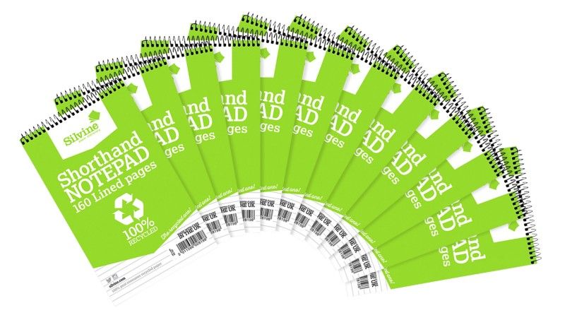 Silvine Recycled 125x200mm Wirebound Card Cover Reporters Shorthand Notebook Ruled 160 Pages Green (Pack 12) - RE160 - Image 1