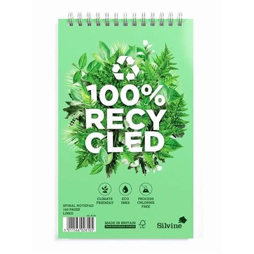 Silvine Spiral Recycled Reporters Shorthand Notebook 203 X 127 160 Page 100% Recycled Paper Ruled Green (Pack 3) - R100-P - Image 1