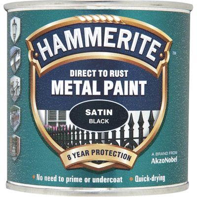 Hammerite 5084904 Direct To Rust Satin Finish Metal Paint Black 250Ml