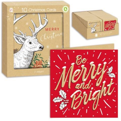 Pack of 10 Square Kraft Christmas Cards - Red