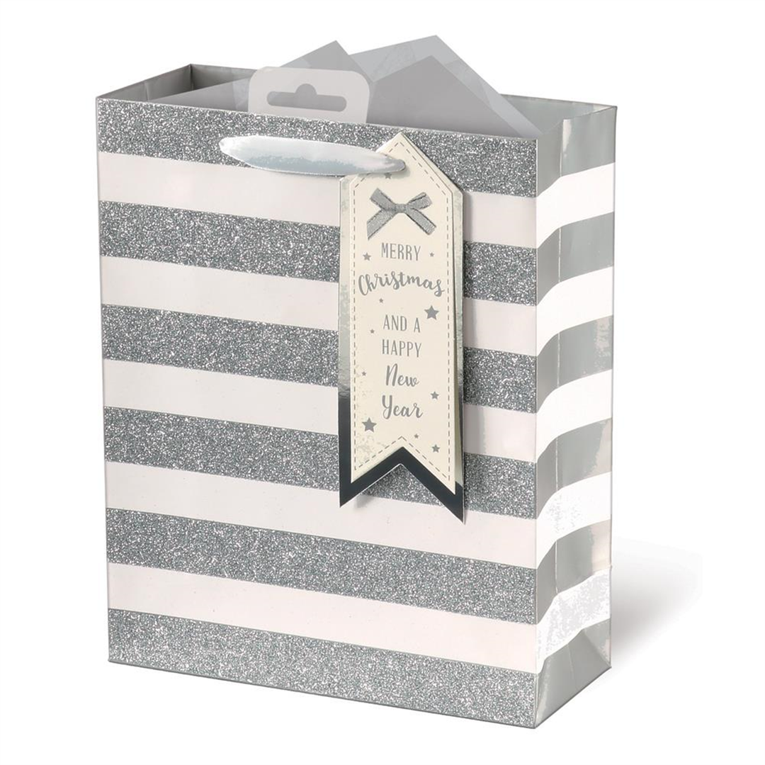 Pack of 6 Silver Glitter Finished Stripe Design Christmas Medium Gift Bags - White - Image 1
