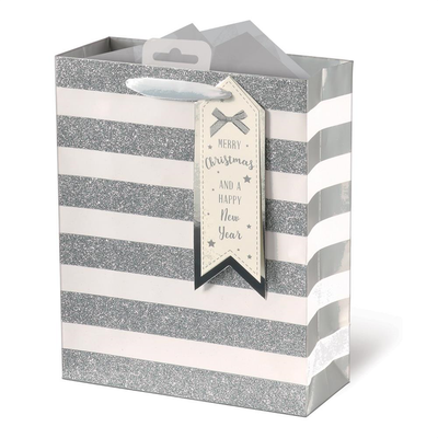 Pack of 6 Silver Glitter Finished Stripe Design Christmas Medium Gift Bags - White