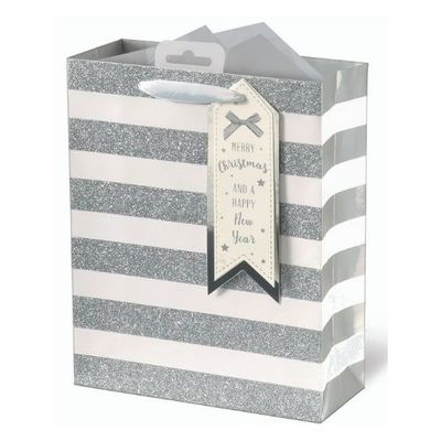 Pack of 6 Silver Glitter Finished Stripe Design Christmas Medium Gift Bags - White - Thumbnail 2