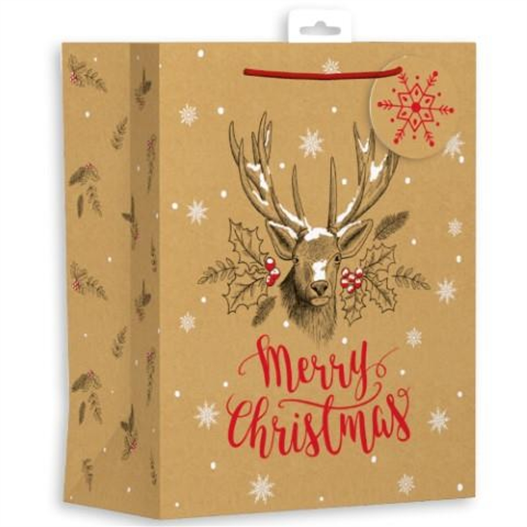 Pack of 12 Kraft Christmas Reindeer Design Large Gift Bags - White - Image 1