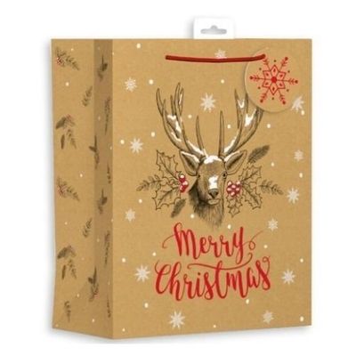 Pack of 12 Kraft Christmas Reindeer Design Large Gift Bags - White - Thumbnail 2