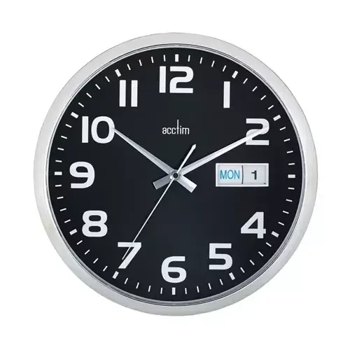 Acctim Supervisor Quartz Wal Clock With Day and Date Display 320mm Diameter Chrome and Black - 21023 - Image 1