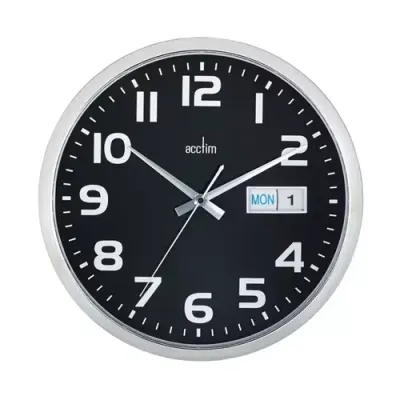 Acctim Supervisor Quartz Wal Clock With Day and Date Display 320mm Diameter Chrome and Black - 21023