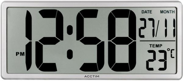Acctim Date Keeper Jumbo LCD Digital Wall or Desk Clock With Autoset Silver - 22357