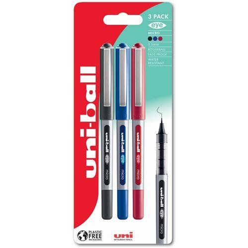 uni-ball Eye Micro UB-150 Liquid Ink Rollerball Pen 0.5mm Tip 0.3mm Line Plastic Free Packaging Black/Blue/Red (Pack 3) - 238212076 - Image 1