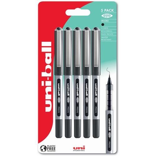 uni-ball Eye Micro UB-150 Liquid Ink Rollerball Pen 0.5mm Tip 0.3mm Line Plastic Free Packaging Black (Pack 5) - 238212077 - Image 1