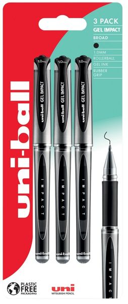 uni-ball Signo Gel Impact UM-153S Rollerball Pen 1.0mm Tip Black Blister Pack Plastic Free Packaging (Pack 3) - 238212300