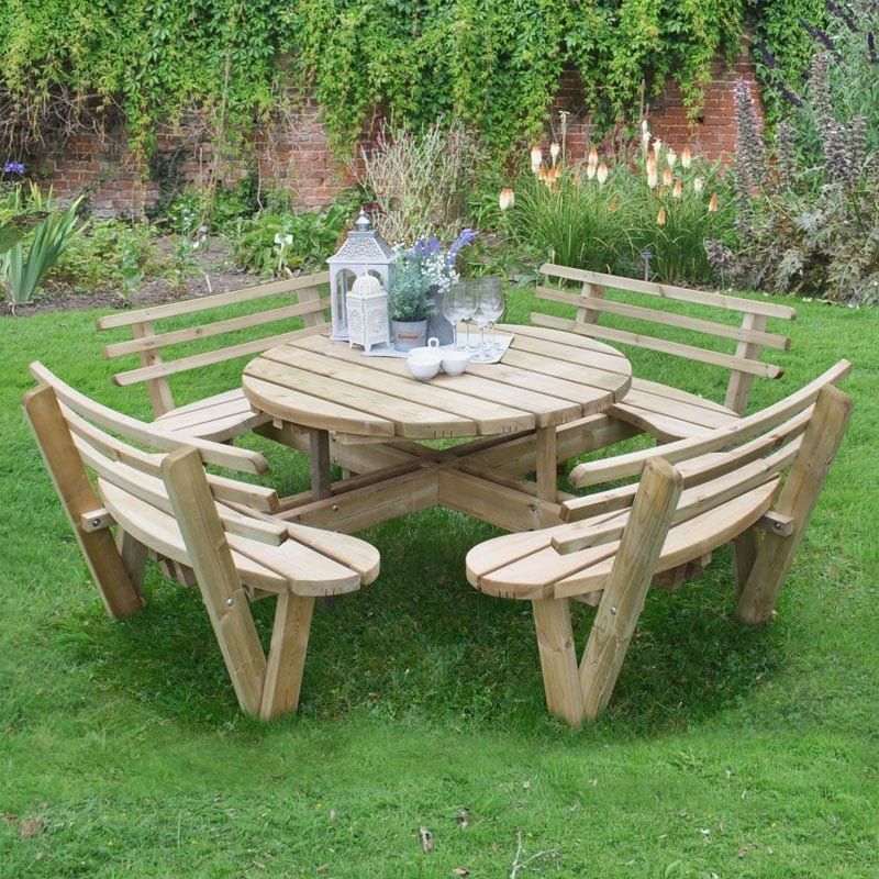 Forest Garden Brown Timber Circular Picnic Table with Seat Backs Pressure Treated, Size: 2460x820x2460mm - Image 1