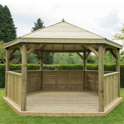 Large Wooden Gazebo with Roof and Deck Floor - 15x13 Hexagonal Gazebo (4.7x4m) - Seats up to 19 people