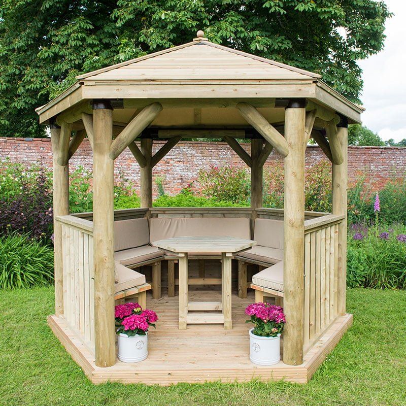 10'x9' (3x2.7m) Luxury Wooden Furnished Garden Gazebo with Traditional Timber Roof - Seats up to 10 people - Image 1