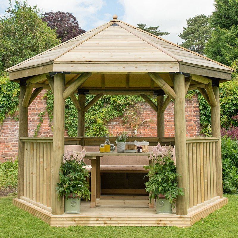 12'x10' (3.6x3.1m) Luxury Wooden Furnished Garden Gazebo with Traditional Timber Roof - Seats up to 10 people - Image 1