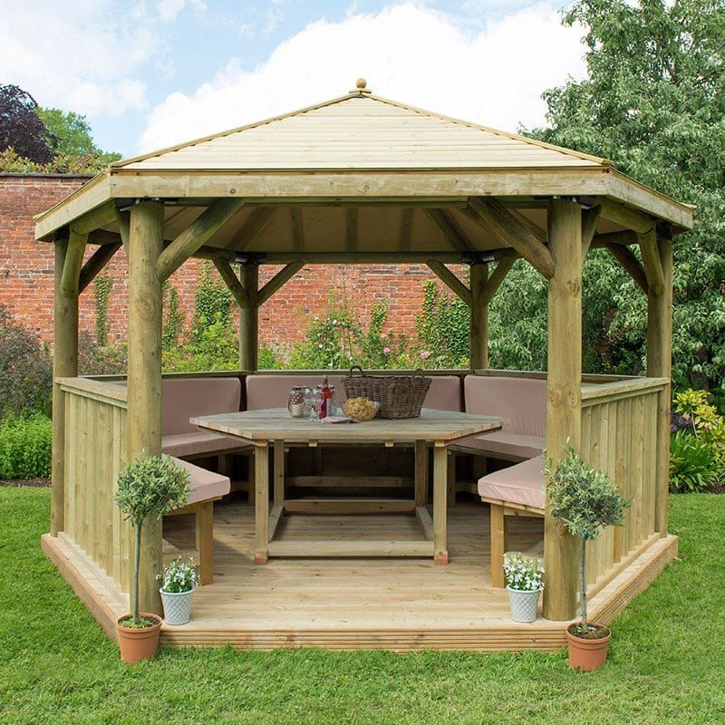 13'x12' (4x3.5m) Luxury Wooden Furnished Garden Gazebo with Traditional Timber Roof - Seats up to 15 people - Image 1