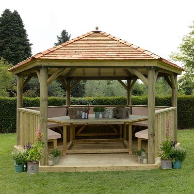 15'x13' (4.7x4m) Luxury Wooden Furnished Garden Gazebo with New England Cedar Roof - Seats up to 19 people