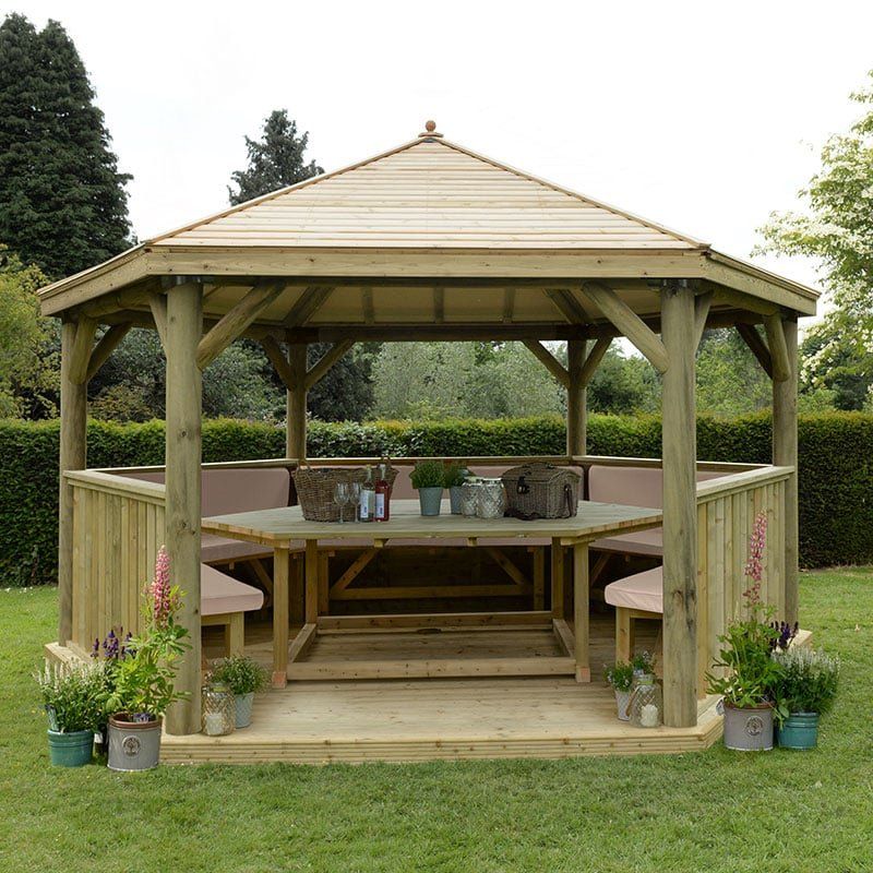15'x13' (4.7x4m) Luxury Wooden Furnished Garden Gazebo with Timber Roof - Seats up to 19 people - Image 1