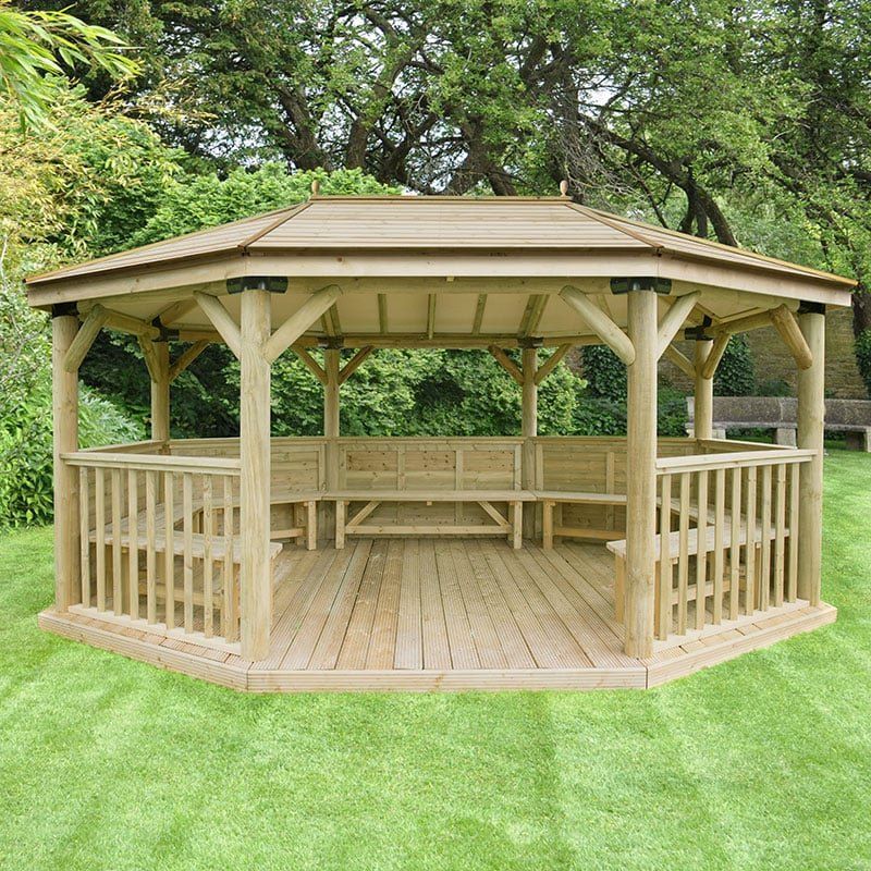 17'x12' (5.1x3.6m) Premium Oval Furnished Wooden Garden Gazebo with Timber Roof - Seats up to 22 people - Image 1