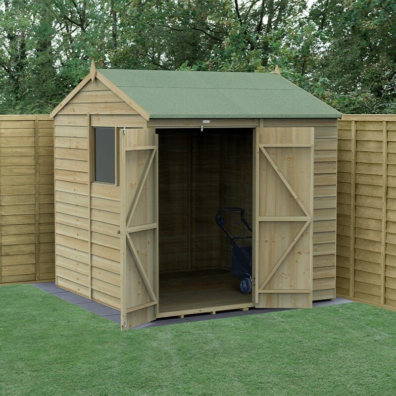 7' x 7' Forest 4Life 25yr Guarantee Overlap Pressure Treated Double Door Reverse Apex Wooden Shed (2.28m x 2.12m) - Image 1