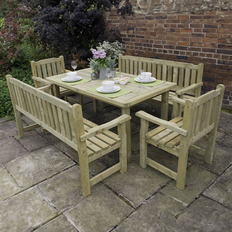 Forest Rosedene Wooden Garden Table, Benches and Chairs Set 8'9 x 6'2 (2.66m x 1.87m) - Image 1