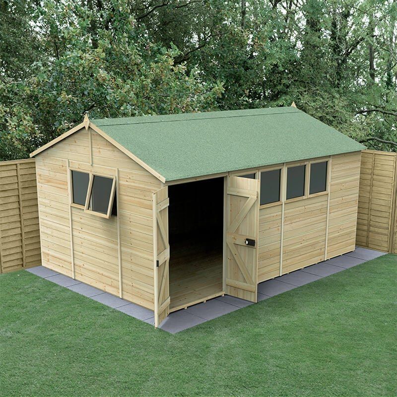 15' x 10' Forest Timberdale 25yr Guarantee Tongue & Groove Pressure Treated Double Door Reverse Apex Shed (4.53m x 3.21m) - Image 1