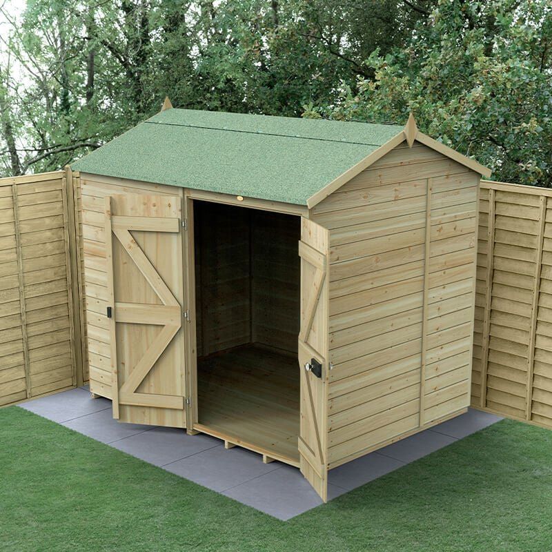 8' x 6' Forest Timberdale 25yr Guarantee Tongue & Groove Pressure Treated Windowless Double Door Reverse Apex Shed (2.46m x 2.03m) - Image 1