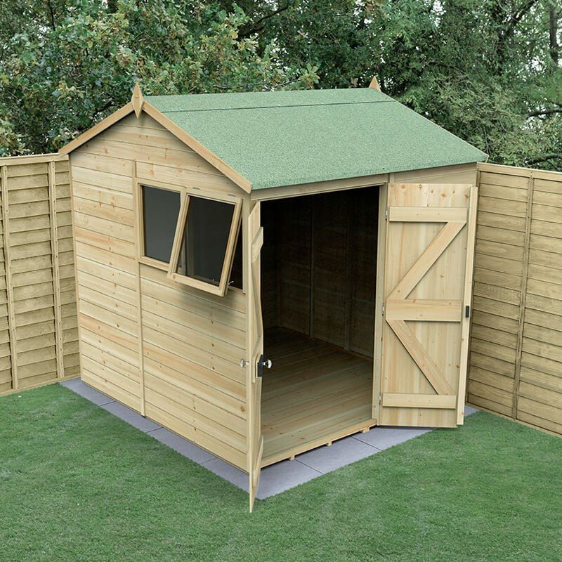 7' x 7' Forest Timberdale 25yr Guarantee Tongue & Groove Pressure Treated Double Door Reverse Apex Shed (2.17m x 2.33m) - Image 1