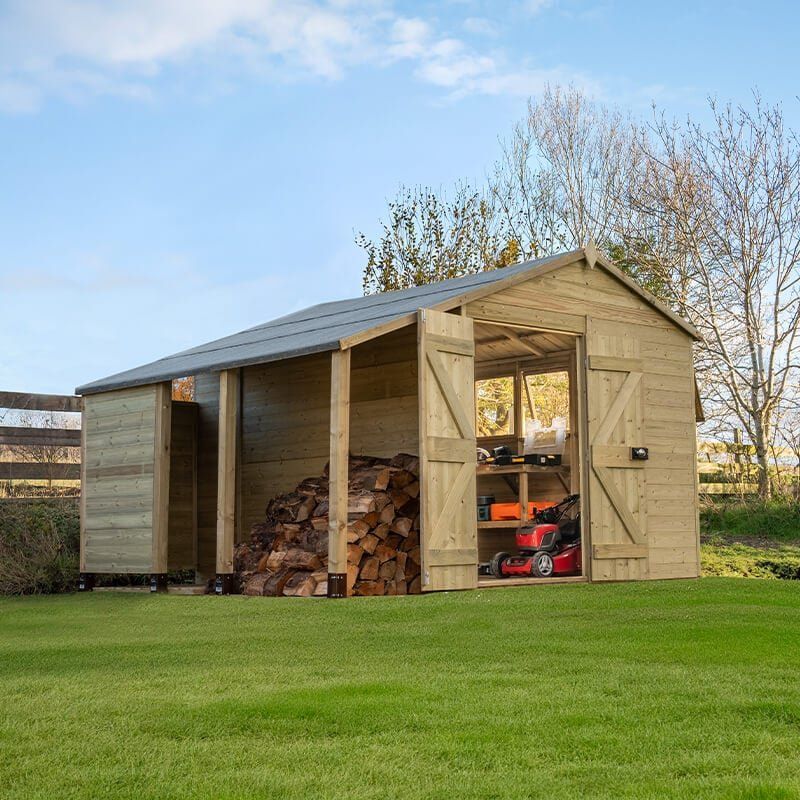 10' x 8' Forest Timberdale 25yr Guarantee Tongue & Groove Pressure Treated Double Door Apex Shed with Logstore (3.56m x 3.05m) - Image 1