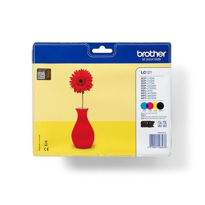 Brother LC121VALBP. Supply type: Multi pack Colour ink page yield: 300 pages Printing colours: Black Cyan Magenta Yellow Quantity per pack: 4 pc(s) Black ink page yield: 300 pages