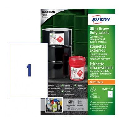 Avery B4775-50. Product colour: White Shape: Rectangle Adhesive type: Permanent. Labels per pack: 50 pc(s)