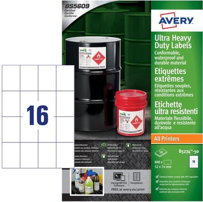 Avery B5274-50 Ultra Resistant Labels 50 sheets - 16 Labels per Sheet