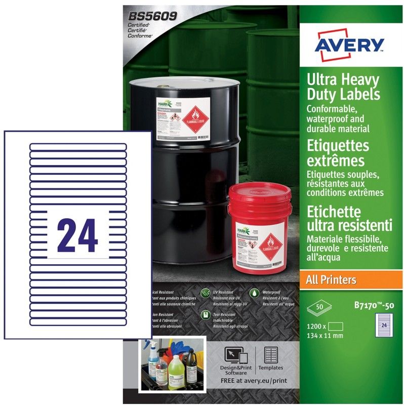 Avery Ultra Resistant Labels 11 X 134Mm Permanent 24 Labels Per Sheet (1200 Labels Per Pack) B7170-50 - Image 1