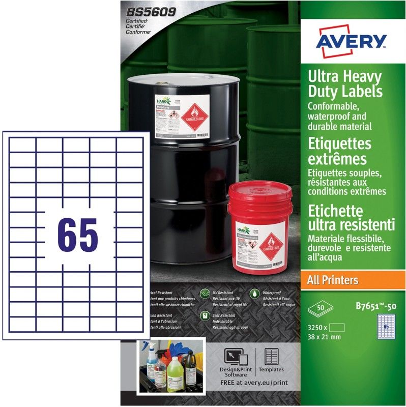 Avery B7651-50. Product colour: White Shape: Rectangle Adhesive type: Permanent. Labels per pack: 3250 pc(s) - Image 1