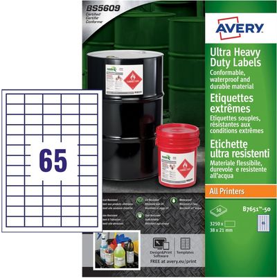Avery B7651-50. Product colour: White Shape: Rectangle Adhesive type: Permanent. Labels per pack: 3250 pc(s)