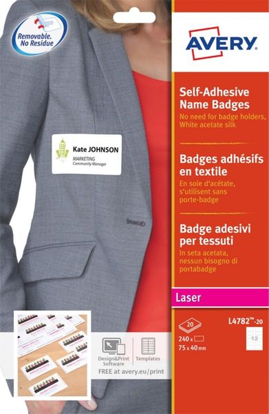 Avery Self Adhesive Name Badges 75 x 40 mm Laser Acetate Silk 240 Labels / 20 Sheets - L4782-20