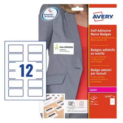 Avery Self Adhesive Name Badges 75 x 40 mm Laser Acetate Silk 240 Labels / 20 Sheets - L4782-20 - Thumbnail 2