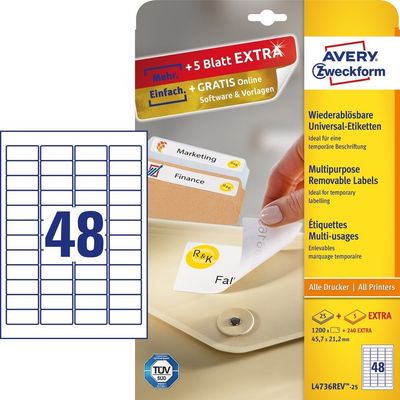 Avery L4736REV-25 self-adhesive label Rounded rectangle Removable White 1440 pc(s)